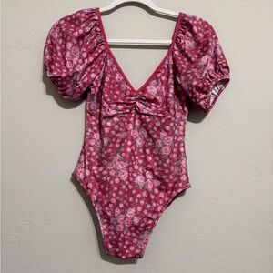LoveShackFancy Puff Sleeve Floral Smocked Robbie One Piece Bathing Suit (S)